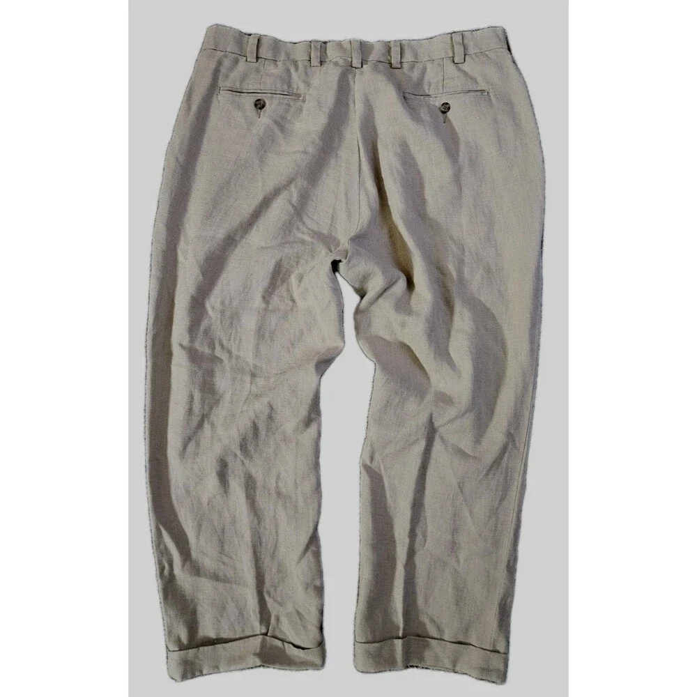 Jos A Bank Pants Mens 40 Beige Linen Travelers Pleated Cuffed